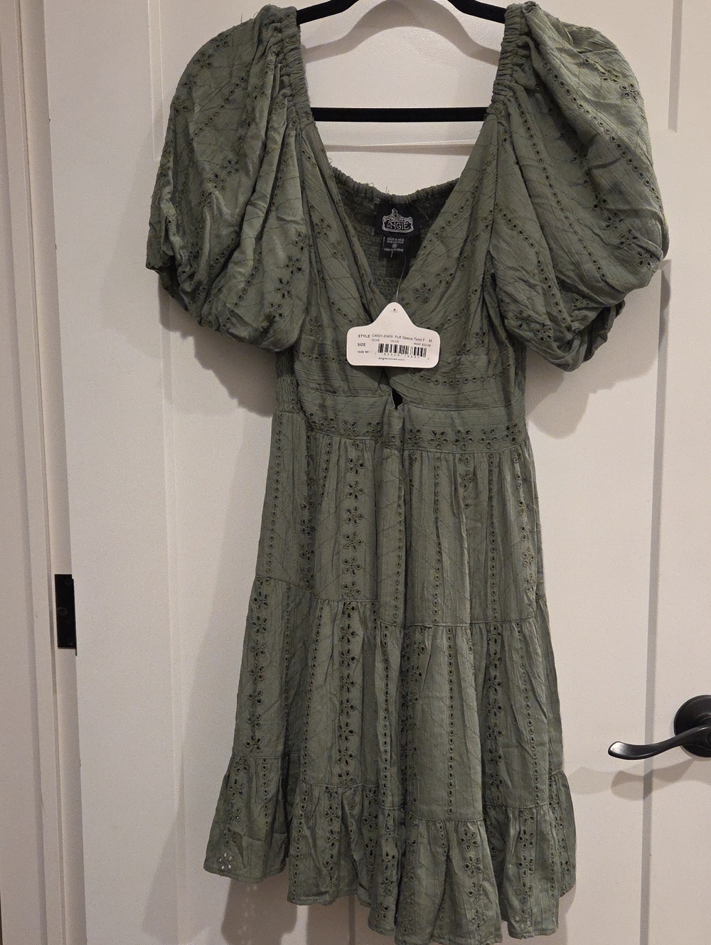 Angie Olive Green Eyelet Puff Sleeve Mini Dress